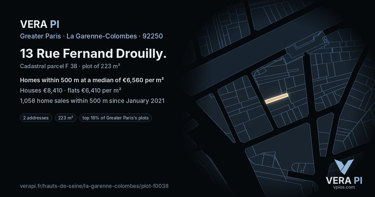 13 Rue Fernand Drouilly, La Garenne-Colombes at night – the plot lit, the parcels around coloured by the prices near them