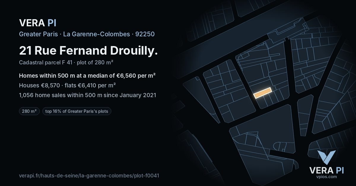 21 Rue Fernand Drouilly, La Garenne-Colombes at night – the plot lit, the parcels around coloured by the prices near them