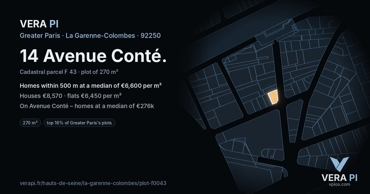 14 Avenue Conté, La Garenne-Colombes at night – the plot lit, the parcels around coloured by the prices near them