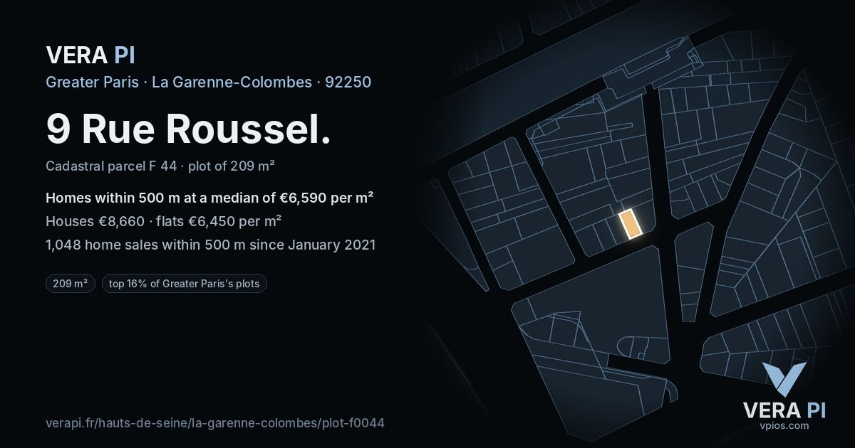 9 Rue Roussel, La Garenne-Colombes at night – the plot lit, the parcels around coloured by the prices near them