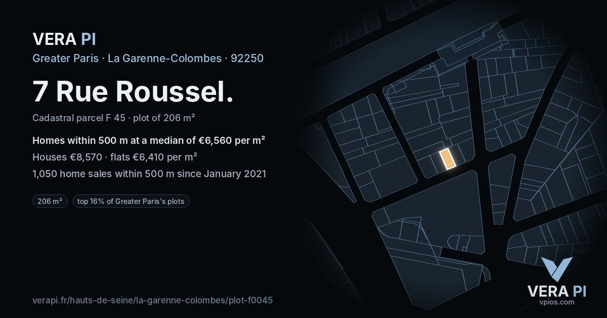 7 Rue Roussel, La Garenne-Colombes at night – the plot lit, the parcels around coloured by the prices near them