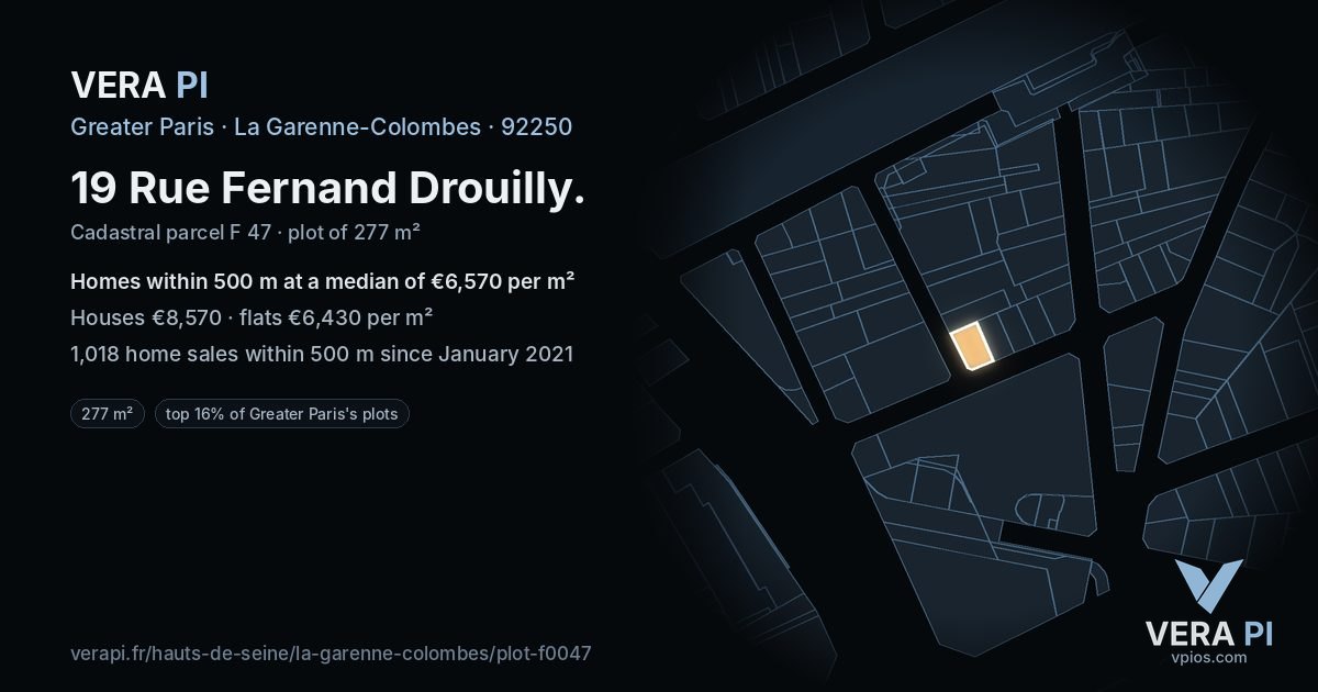 19 Rue Fernand Drouilly, La Garenne-Colombes at night – the plot lit, the parcels around coloured by the prices near them