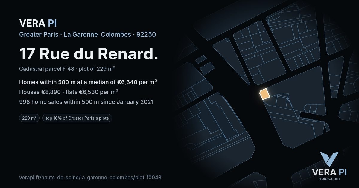 17 Rue du Renard, La Garenne-Colombes at night – the plot lit, the parcels around coloured by the prices near them
