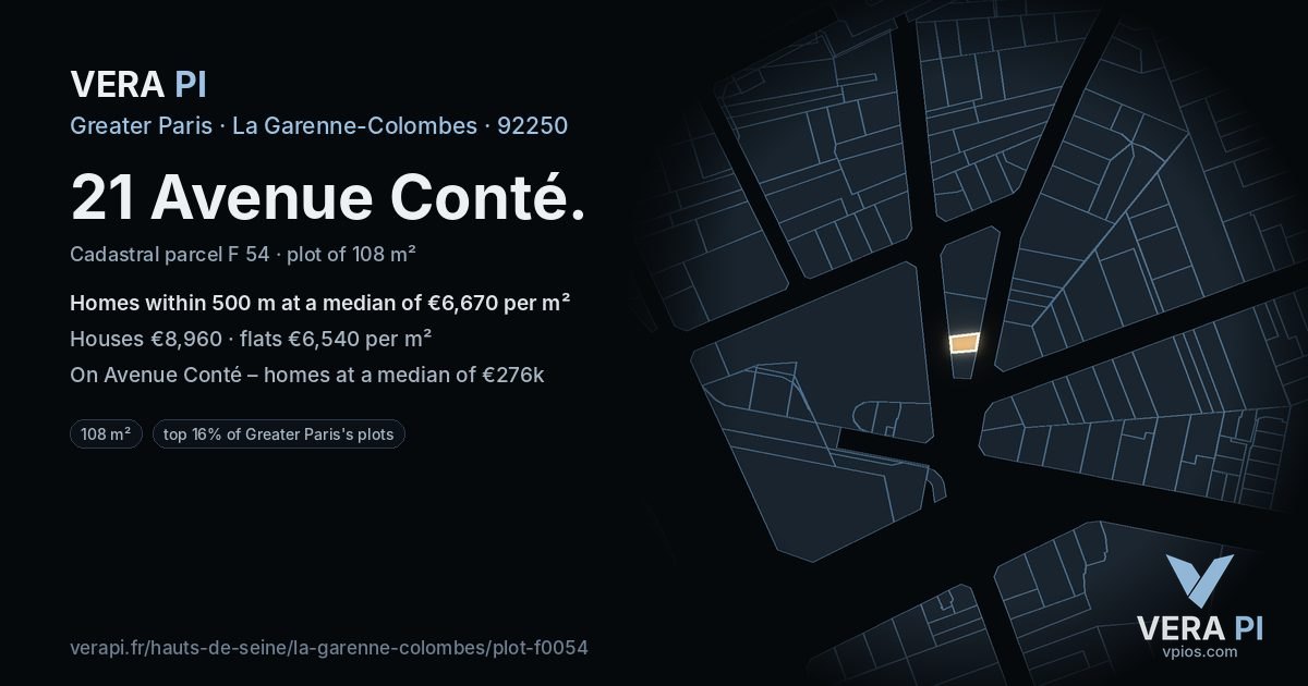 21 Avenue Conté, La Garenne-Colombes at night – the plot lit, the parcels around coloured by the prices near them