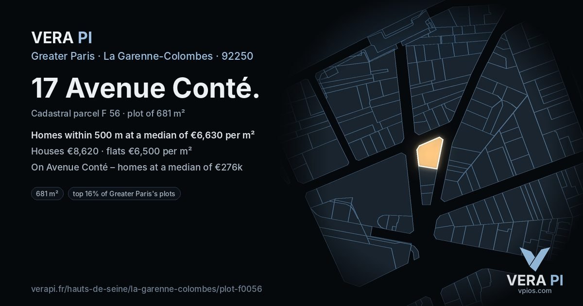 17 Avenue Conté, La Garenne-Colombes at night – the plot lit, the parcels around coloured by the prices near them