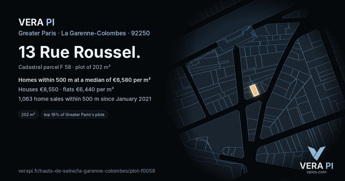 13 Rue Roussel, La Garenne-Colombes at night – the plot lit, the parcels around coloured by the prices near them