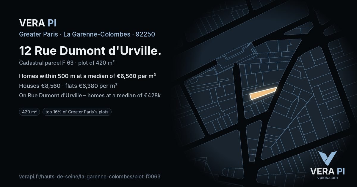 12 Rue Dumont d'Urville, La Garenne-Colombes at night – the plot lit, the parcels around coloured by the prices near them