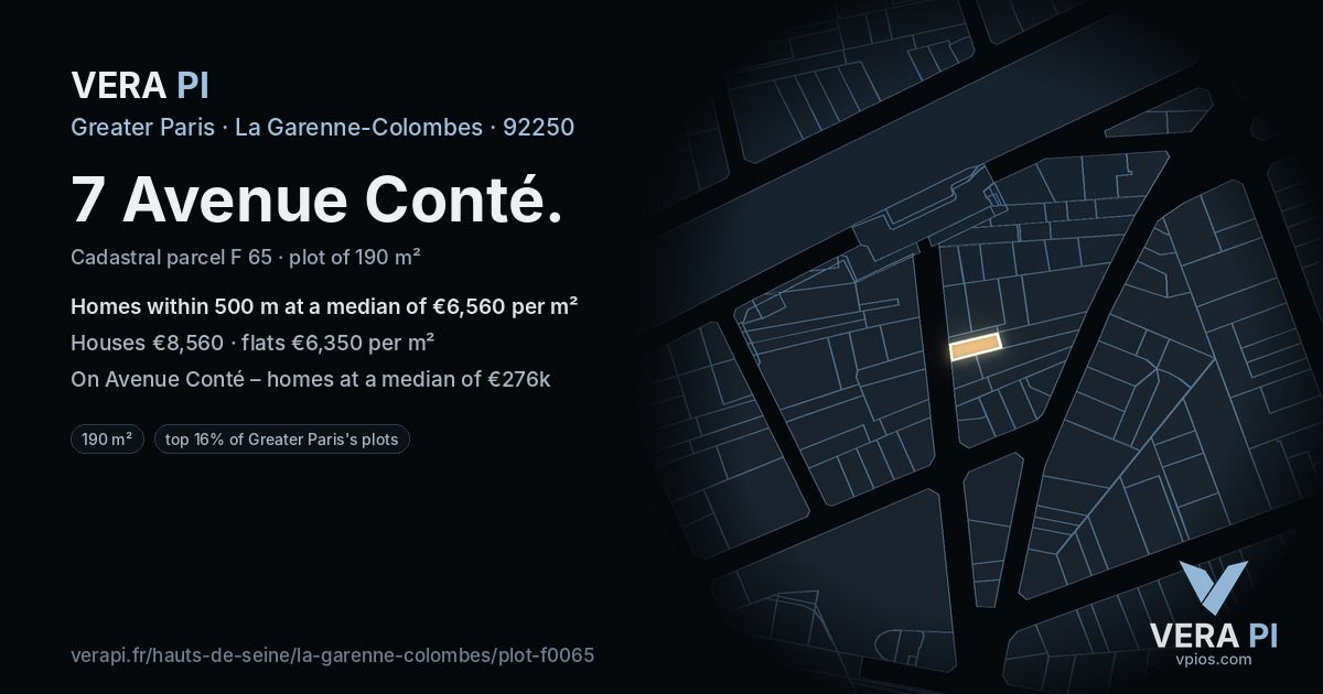 7 Avenue Conté, La Garenne-Colombes at night – the plot lit, the parcels around coloured by the prices near them
