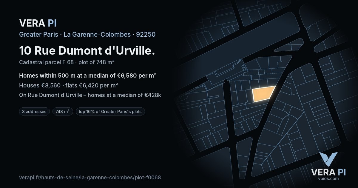 10 Rue Dumont d'Urville, La Garenne-Colombes at night – the plot lit, the parcels around coloured by the prices near them