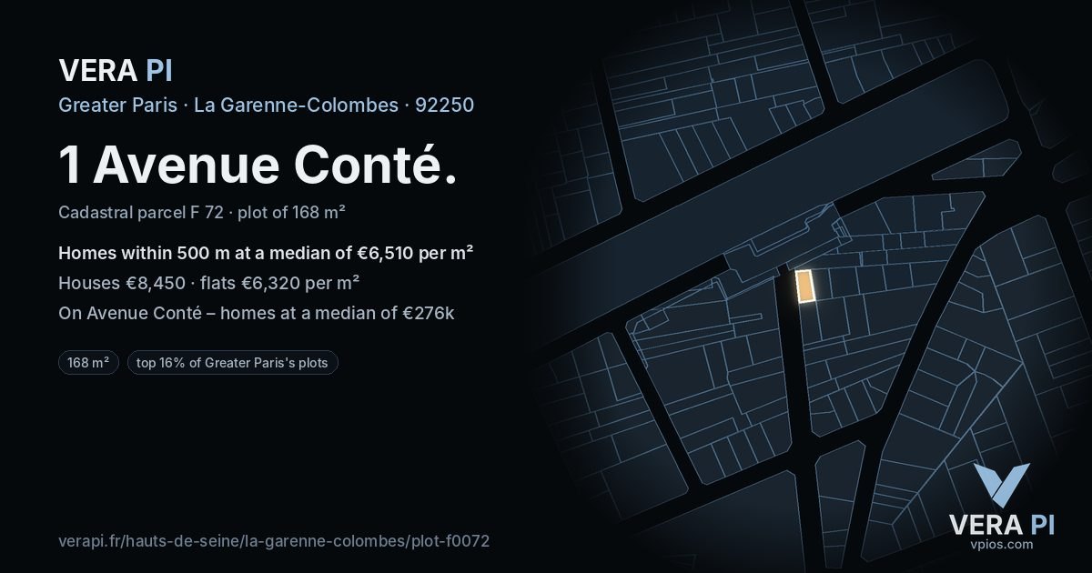 1 Avenue Conté, La Garenne-Colombes at night – the plot lit, the parcels around coloured by the prices near them