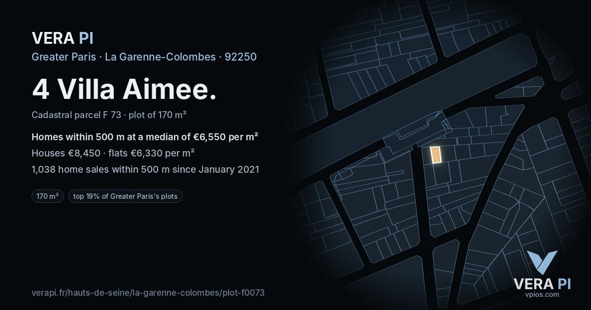 4 Villa Aimee, La Garenne-Colombes at night – the plot lit, the parcels around coloured by the prices near them