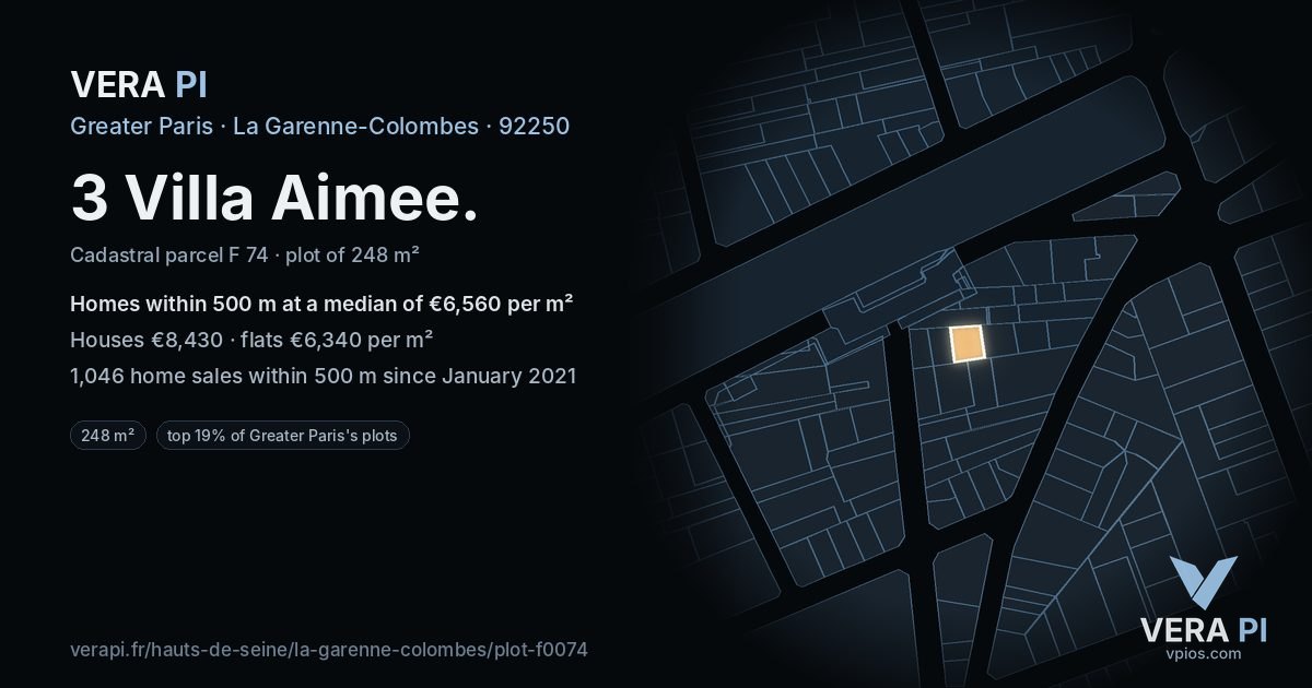 3 Villa Aimee, La Garenne-Colombes at night – the plot lit, the parcels around coloured by the prices near them