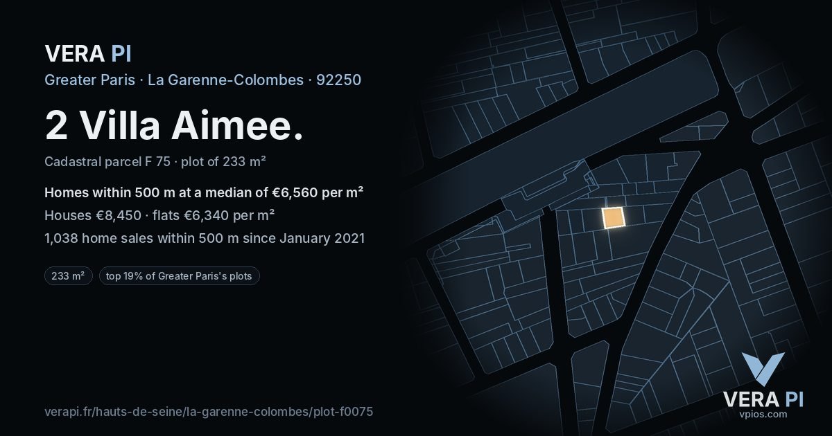 2 Villa Aimee, La Garenne-Colombes at night – the plot lit, the parcels around coloured by the prices near them