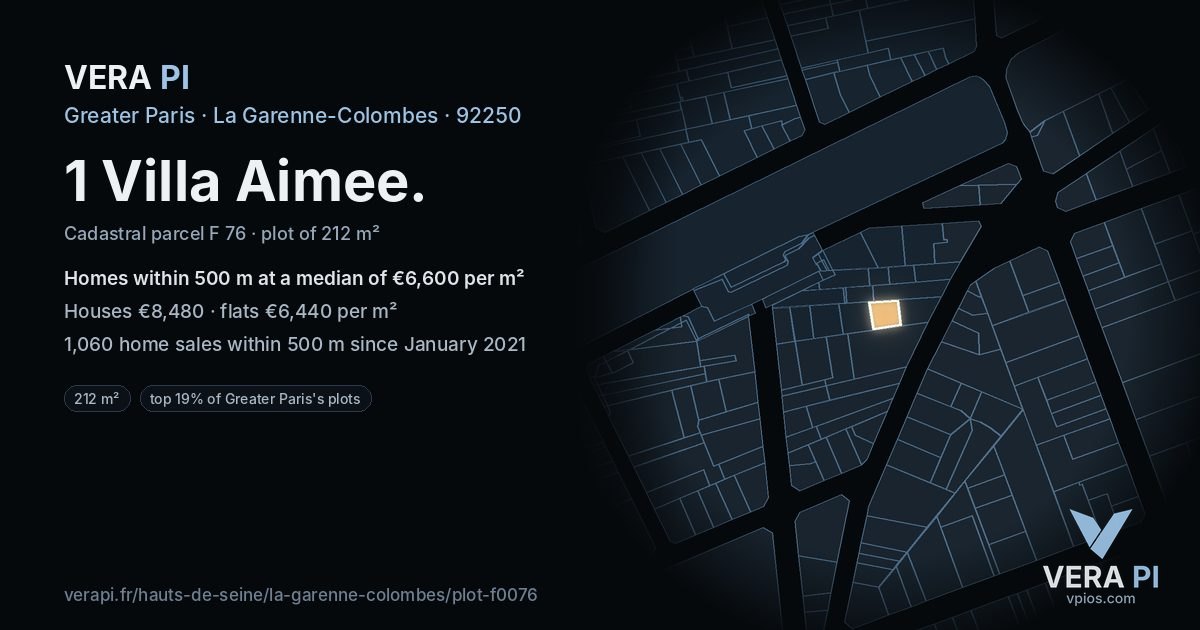 1 Villa Aimee, La Garenne-Colombes at night – the plot lit, the parcels around coloured by the prices near them