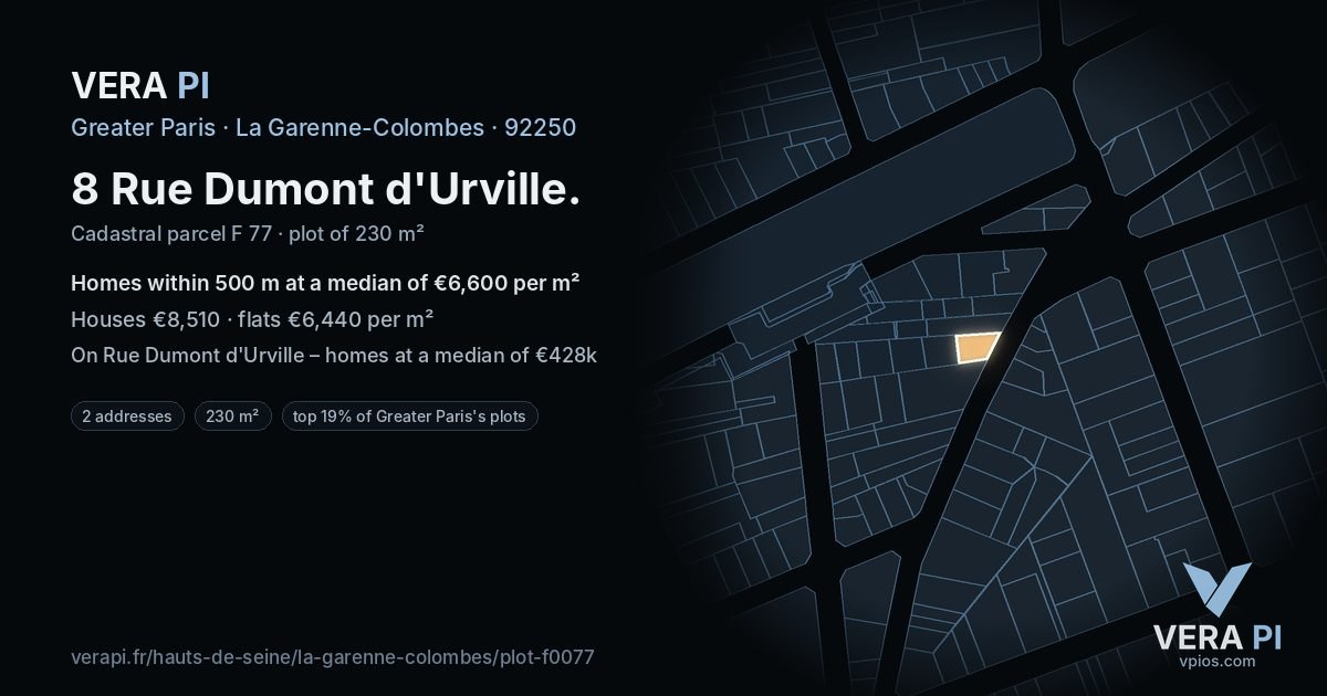 8 Rue Dumont d'Urville, La Garenne-Colombes at night – the plot lit, the parcels around coloured by the prices near them