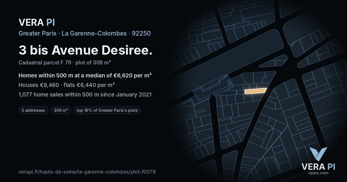 3 bis Avenue Desiree, La Garenne-Colombes at night – the plot lit, the parcels around coloured by the prices near them