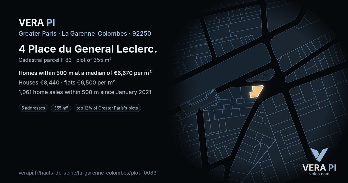 4 Place du General Leclerc, La Garenne-Colombes at night – the plot lit, the parcels around coloured by the prices near them