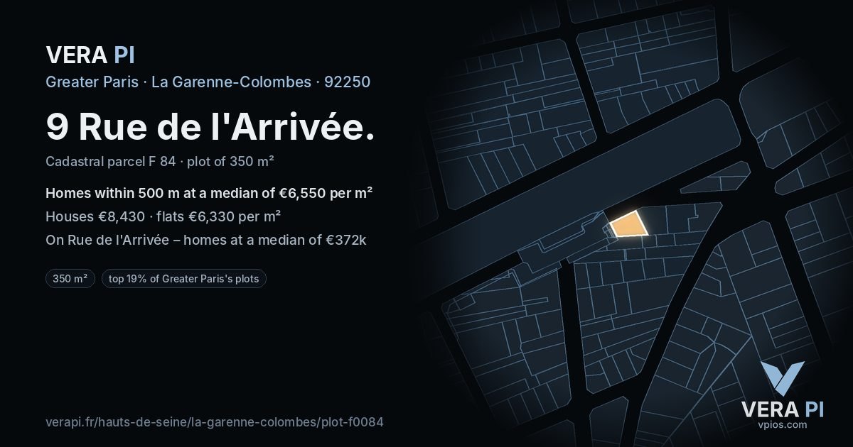 9 Rue de l'Arrivée, La Garenne-Colombes at night – the plot lit, the parcels around coloured by the prices near them