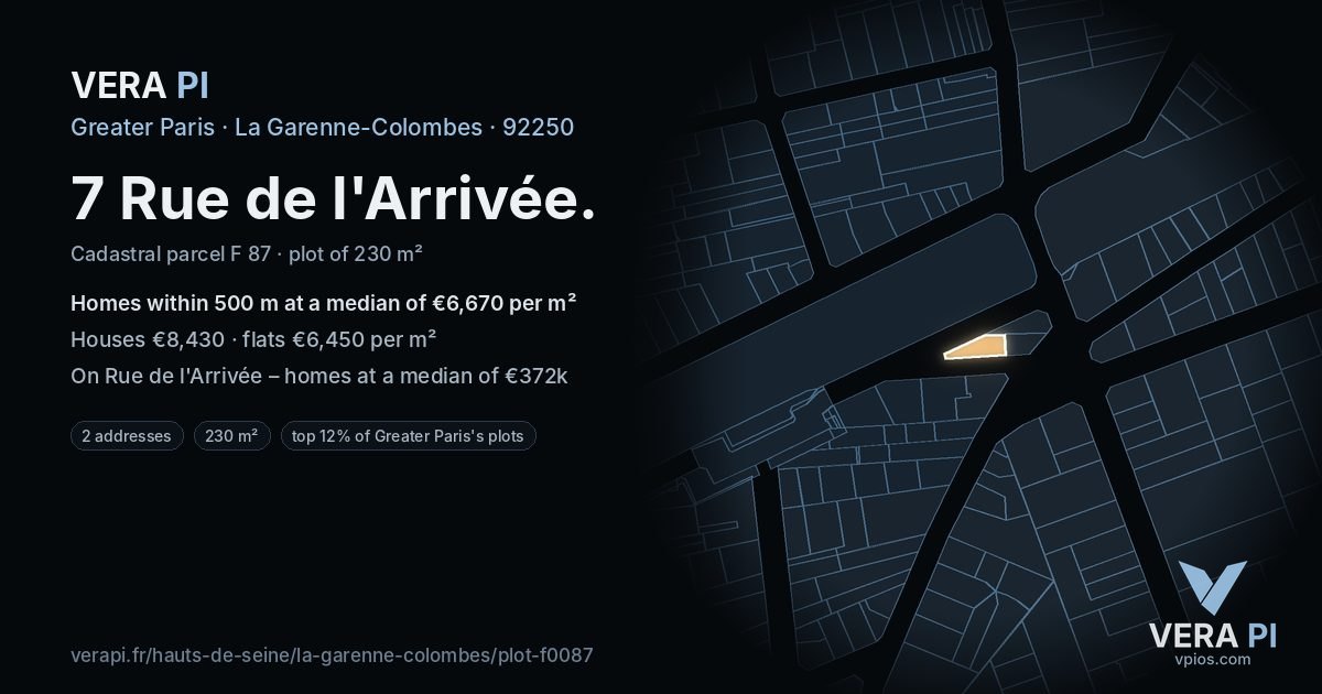7 Rue de l'Arrivée, La Garenne-Colombes at night – the plot lit, the parcels around coloured by the prices near them
