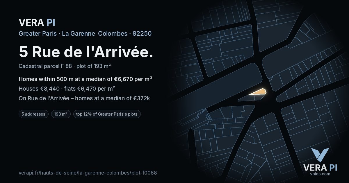 5 Rue de l'Arrivée, La Garenne-Colombes at night – the plot lit, the parcels around coloured by the prices near them