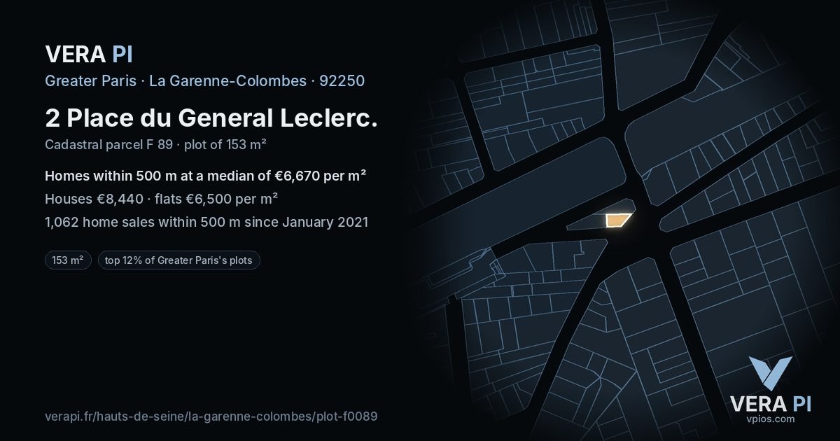 2 Place du General Leclerc, La Garenne-Colombes at night – the plot lit, the parcels around coloured by the prices near them