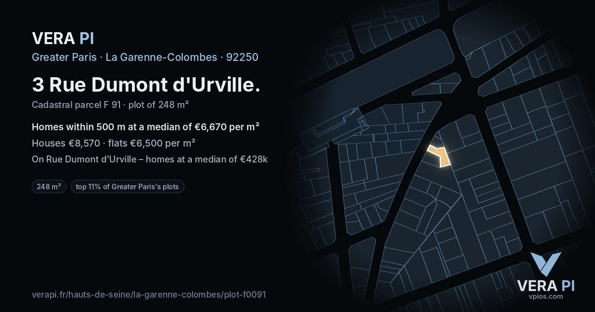3 Rue Dumont d'Urville, La Garenne-Colombes at night – the plot lit, the parcels around coloured by the prices near them