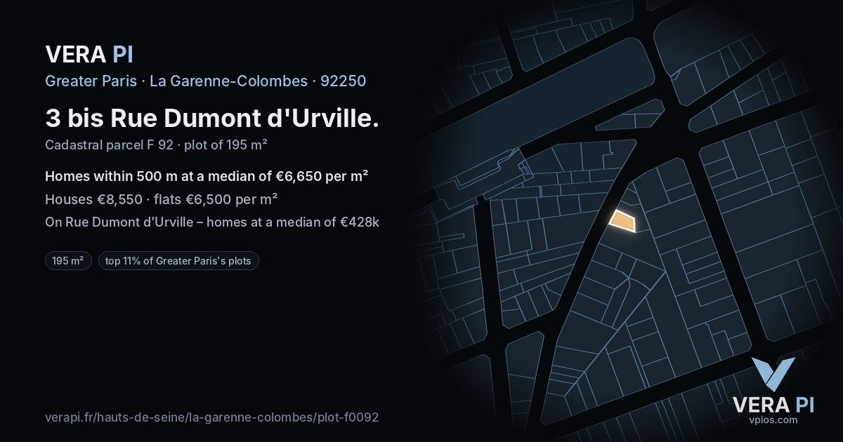 3 bis Rue Dumont d'Urville, La Garenne-Colombes at night – the plot lit, the parcels around coloured by the prices near them