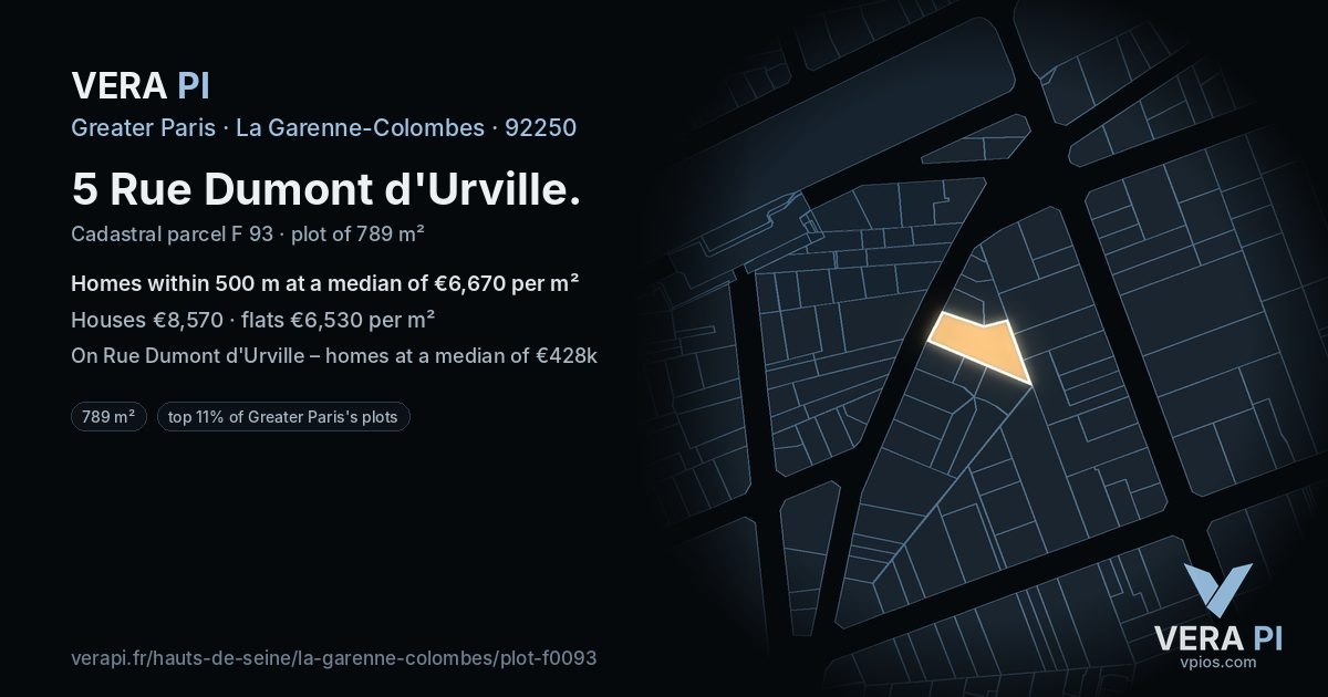 5 Rue Dumont d'Urville, La Garenne-Colombes at night – the plot lit, the parcels around coloured by the prices near them