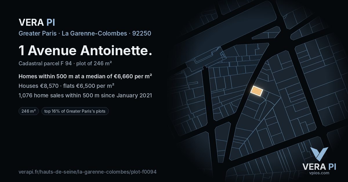 1 Avenue Antoinette, La Garenne-Colombes at night – the plot lit, the parcels around coloured by the prices near them