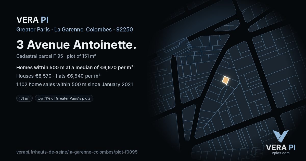 3 Avenue Antoinette, La Garenne-Colombes at night – the plot lit, the parcels around coloured by the prices near them