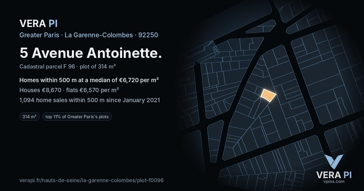 5 Avenue Antoinette, La Garenne-Colombes at night – the plot lit, the parcels around coloured by the prices near them