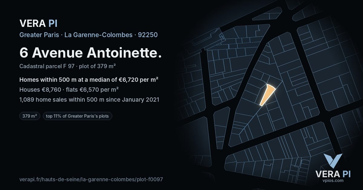 6 Avenue Antoinette, La Garenne-Colombes at night – the plot lit, the parcels around coloured by the prices near them