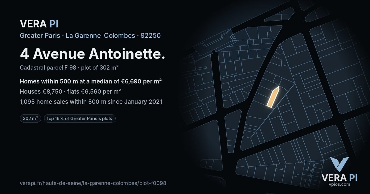 4 Avenue Antoinette, La Garenne-Colombes at night – the plot lit, the parcels around coloured by the prices near them