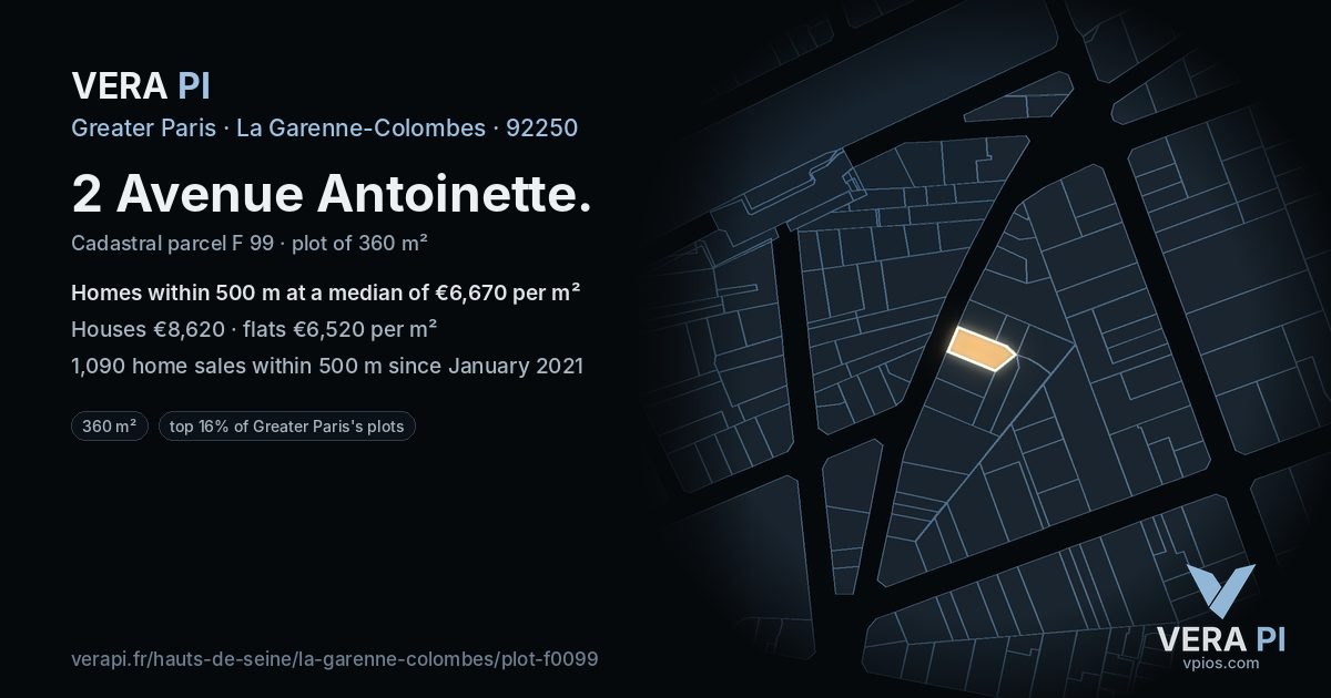 2 Avenue Antoinette, La Garenne-Colombes at night – the plot lit, the parcels around coloured by the prices near them