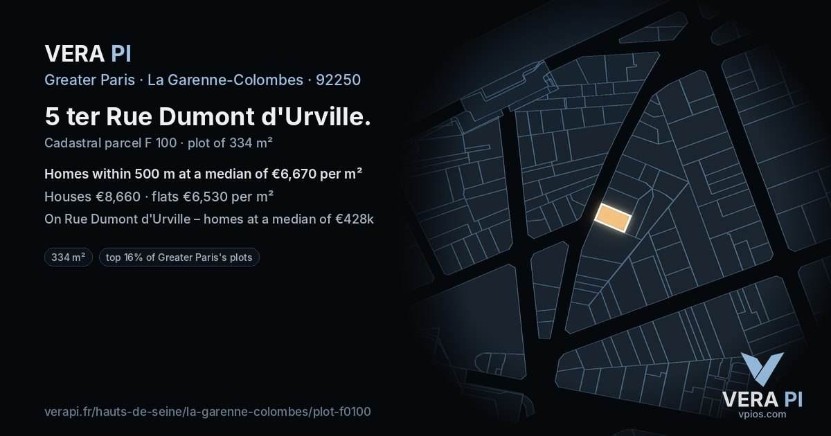 5 ter Rue Dumont d'Urville, La Garenne-Colombes at night – the plot lit, the parcels around coloured by the prices near them