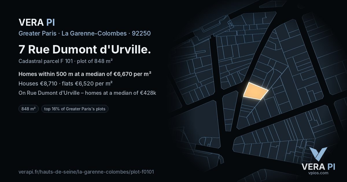 7 Rue Dumont d'Urville, La Garenne-Colombes at night – the plot lit, the parcels around coloured by the prices near them