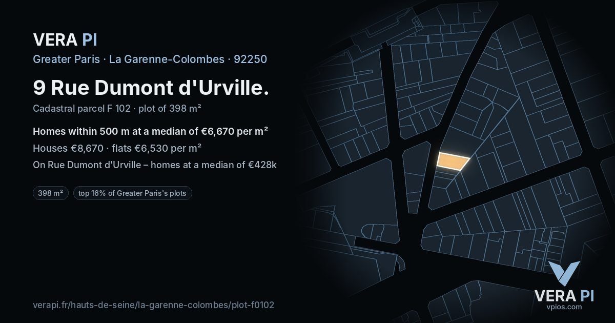 9 Rue Dumont d'Urville, La Garenne-Colombes at night – the plot lit, the parcels around coloured by the prices near them