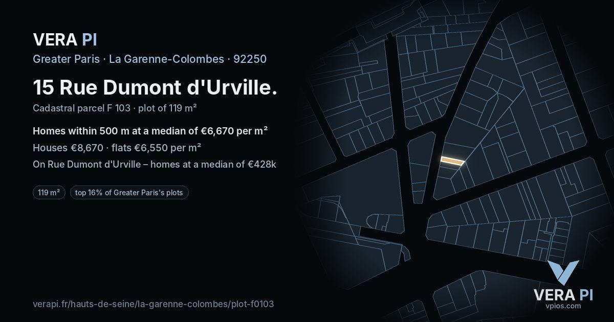 15 Rue Dumont d'Urville, La Garenne-Colombes at night – the plot lit, the parcels around coloured by the prices near them