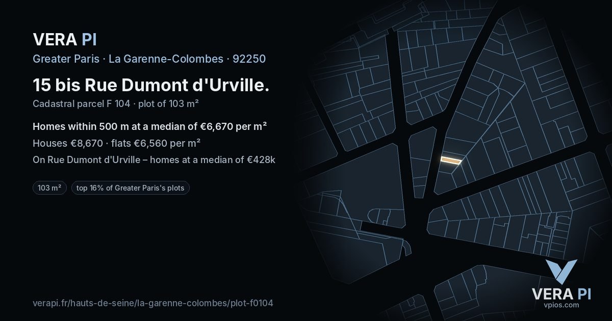 15 bis Rue Dumont d'Urville, La Garenne-Colombes at night – the plot lit, the parcels around coloured by the prices near them