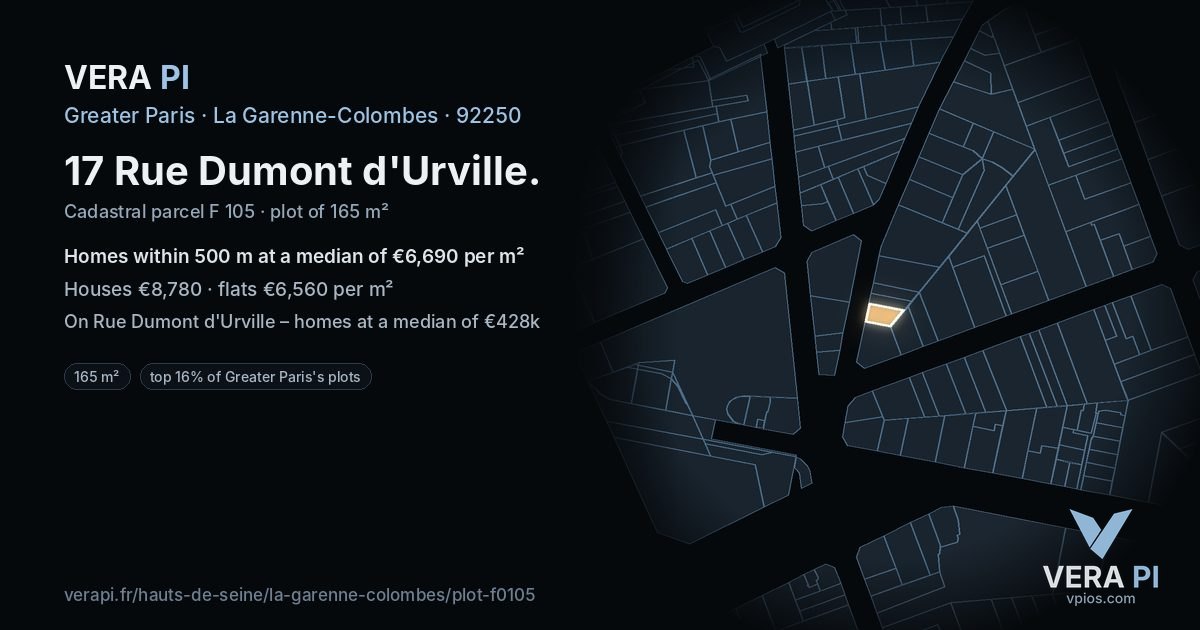 17 Rue Dumont d'Urville, La Garenne-Colombes at night – the plot lit, the parcels around coloured by the prices near them