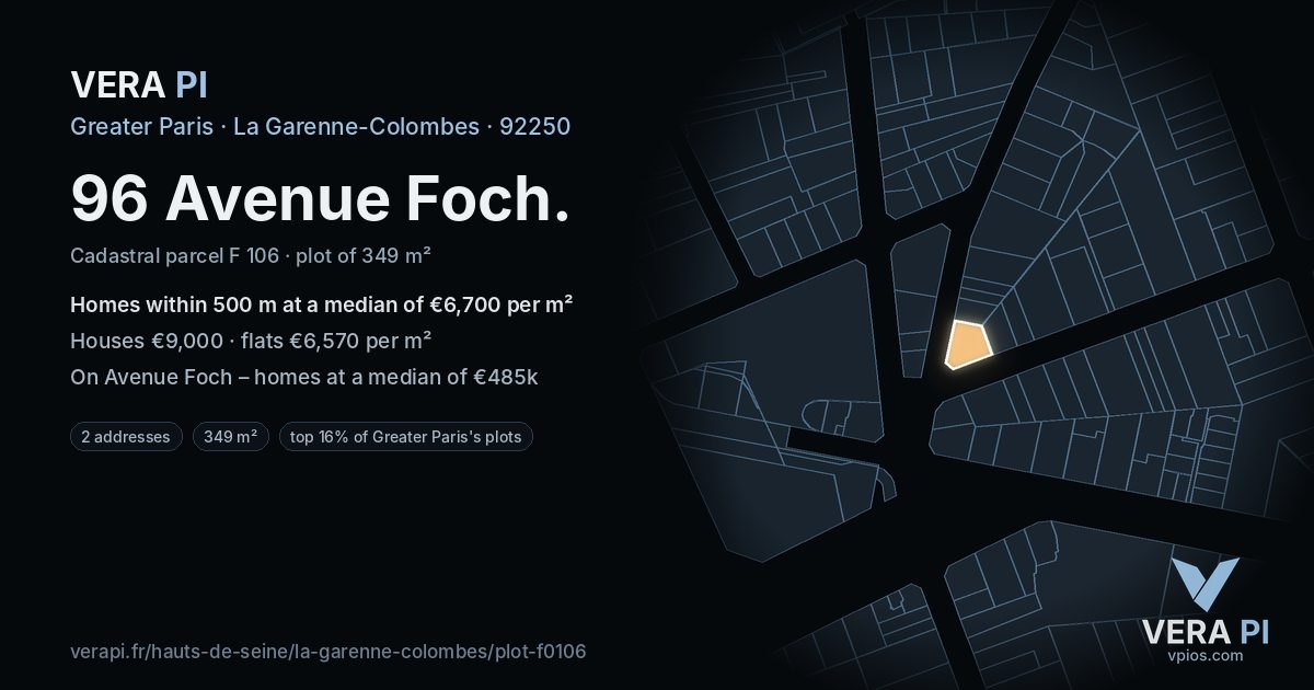 96 Avenue Foch, La Garenne-Colombes at night – the plot lit, the parcels around coloured by the prices near them