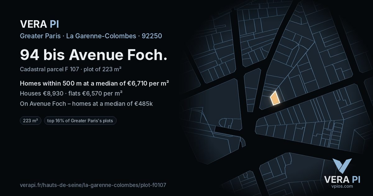 94 bis Avenue Foch, La Garenne-Colombes at night – the plot lit, the parcels around coloured by the prices near them