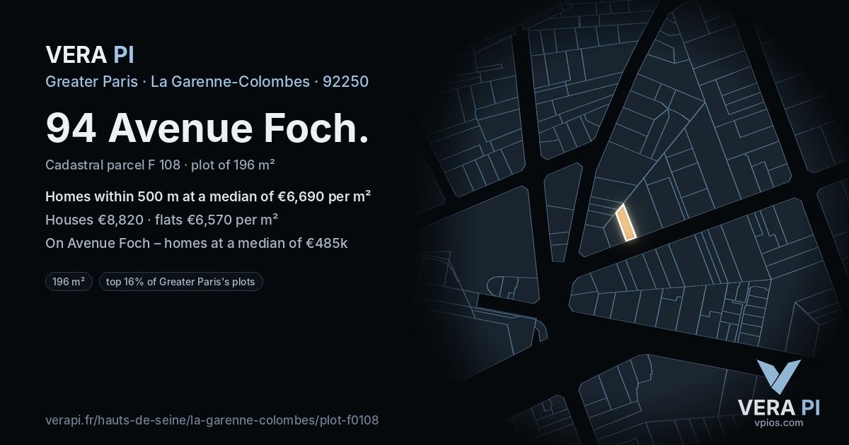 94 Avenue Foch, La Garenne-Colombes at night – the plot lit, the parcels around coloured by the prices near them
