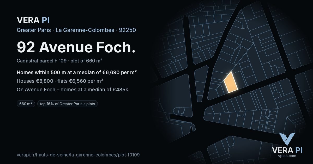 92 Avenue Foch, La Garenne-Colombes at night – the plot lit, the parcels around coloured by the prices near them
