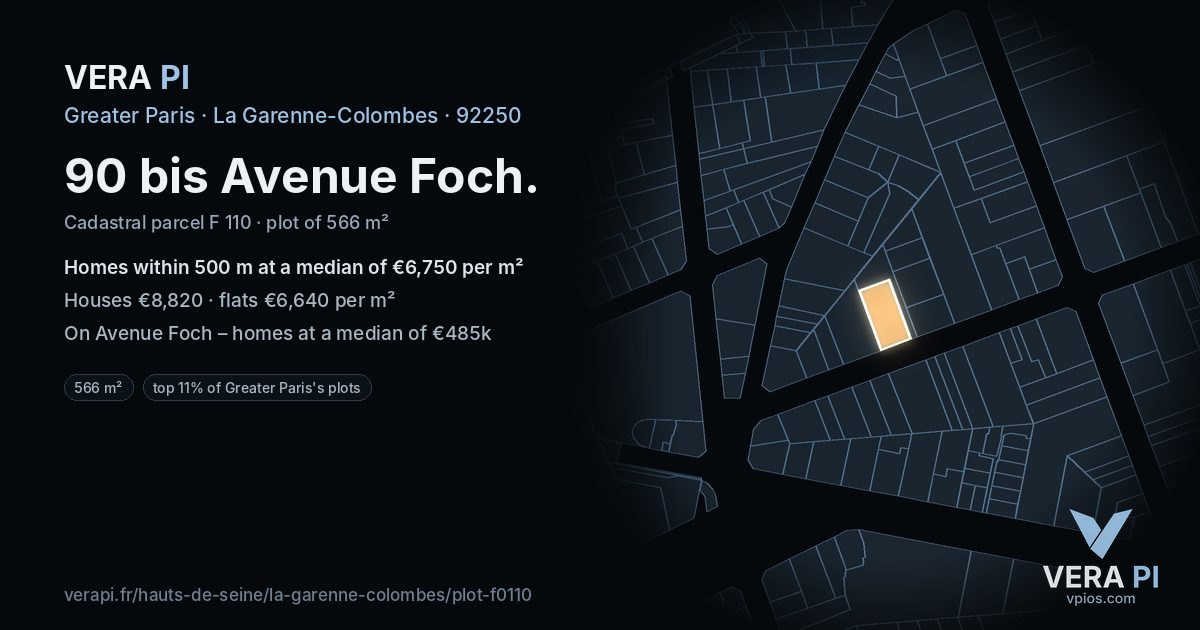 90 bis Avenue Foch, La Garenne-Colombes at night – the plot lit, the parcels around coloured by the prices near them