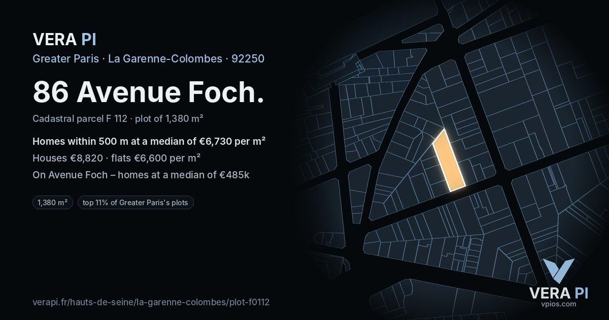 86 Avenue Foch, La Garenne-Colombes at night – the plot lit, the parcels around coloured by the prices near them