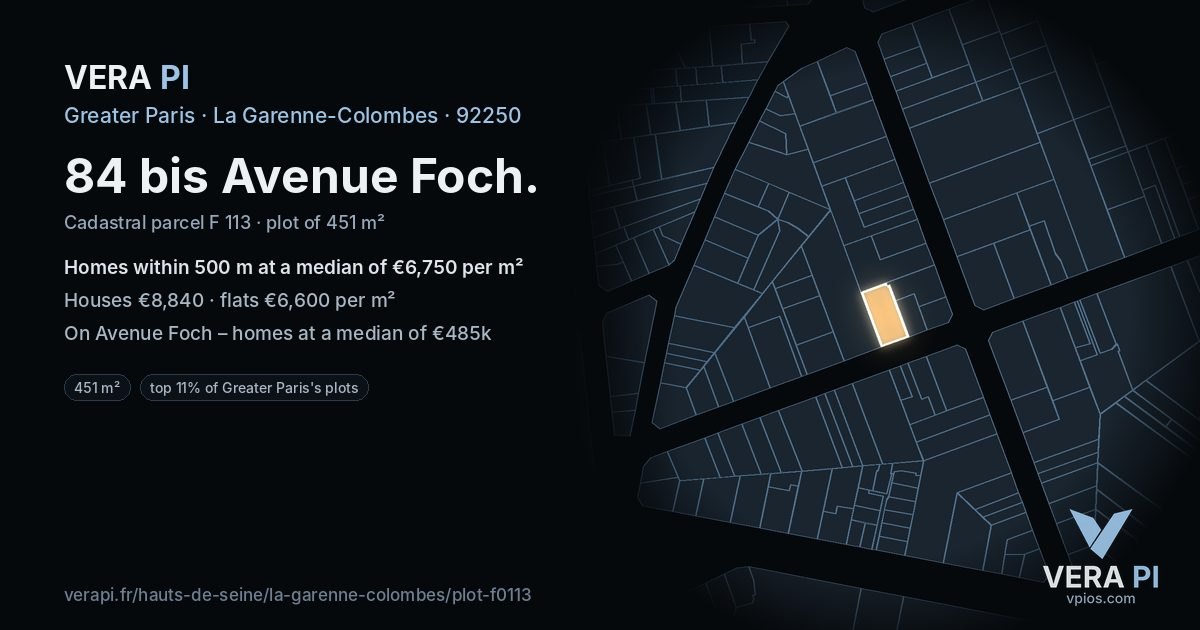 84 bis Avenue Foch, La Garenne-Colombes at night – the plot lit, the parcels around coloured by the prices near them