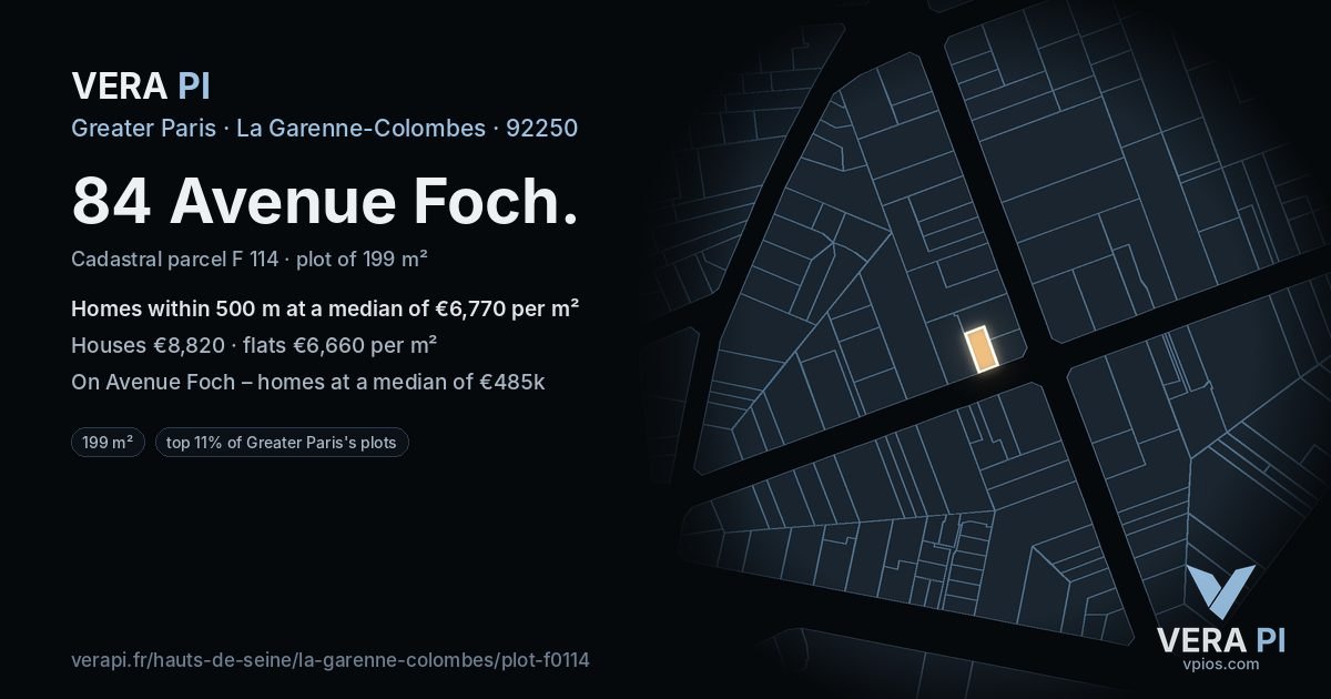 84 Avenue Foch, La Garenne-Colombes at night – the plot lit, the parcels around coloured by the prices near them