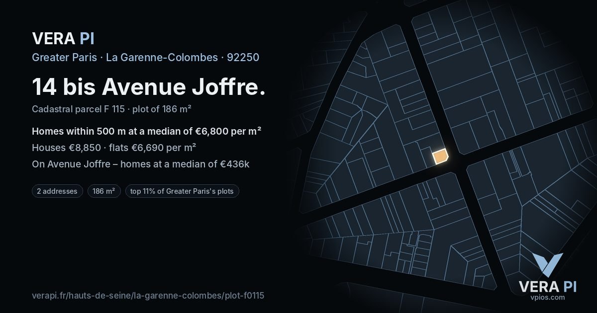 14 bis Avenue Joffre, La Garenne-Colombes at night – the plot lit, the parcels around coloured by the prices near them