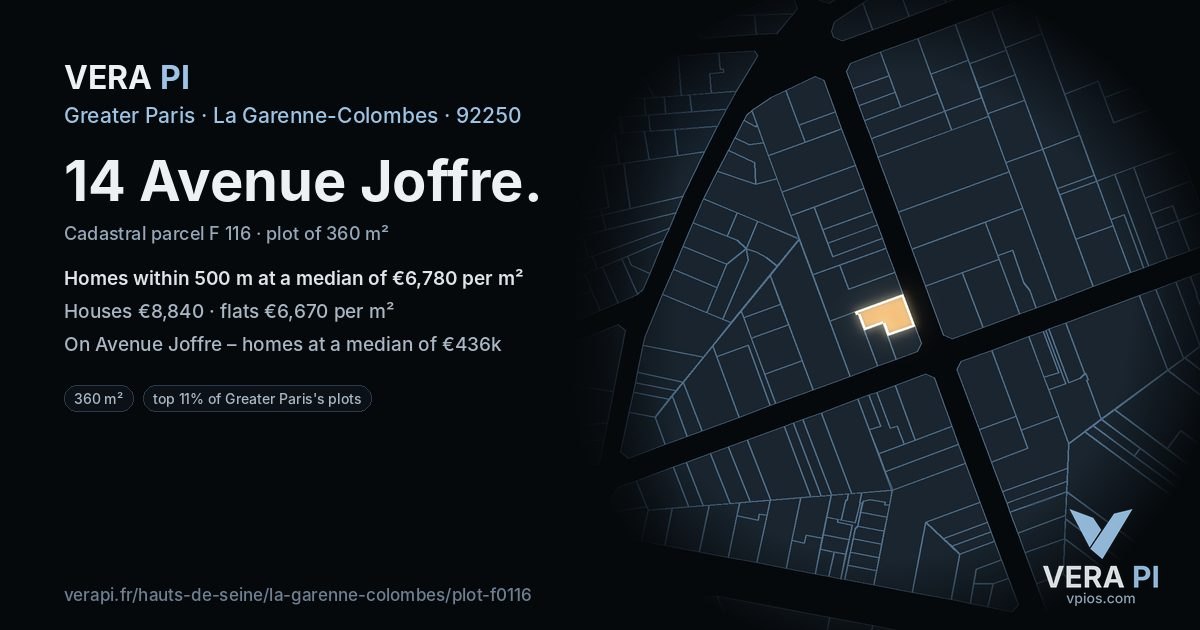 14 Avenue Joffre, La Garenne-Colombes at night – the plot lit, the parcels around coloured by the prices near them